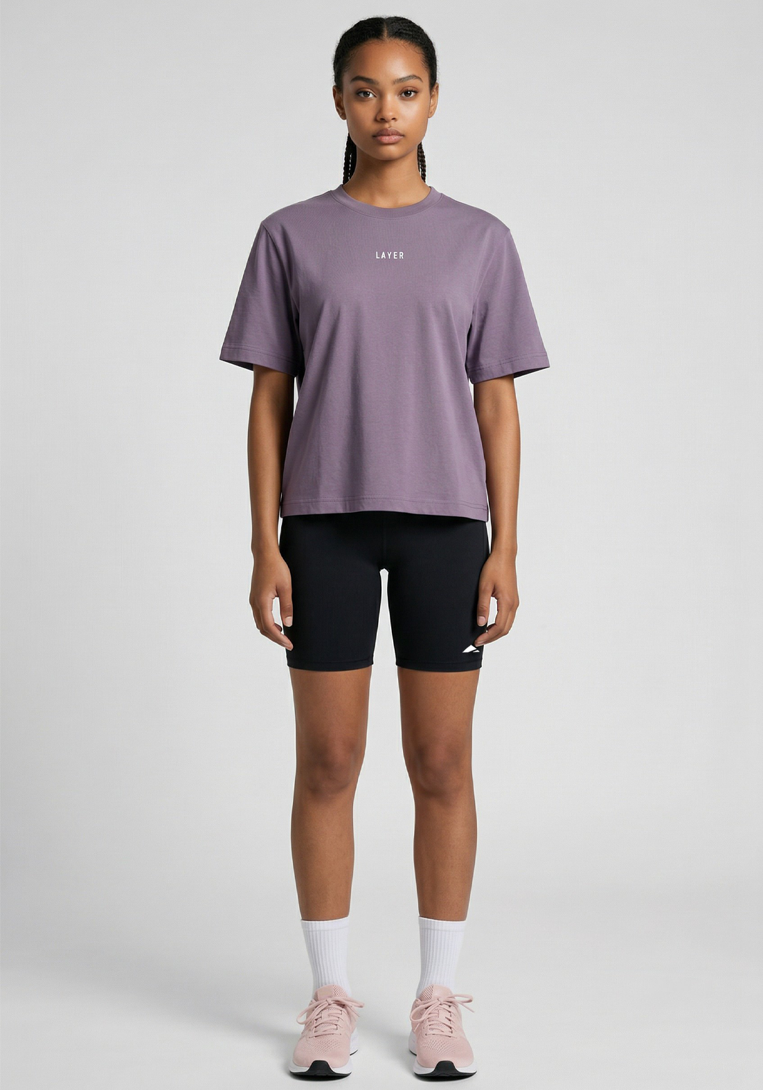 Layer FLXFIT Box Tee in Dusty Purple, full front view
