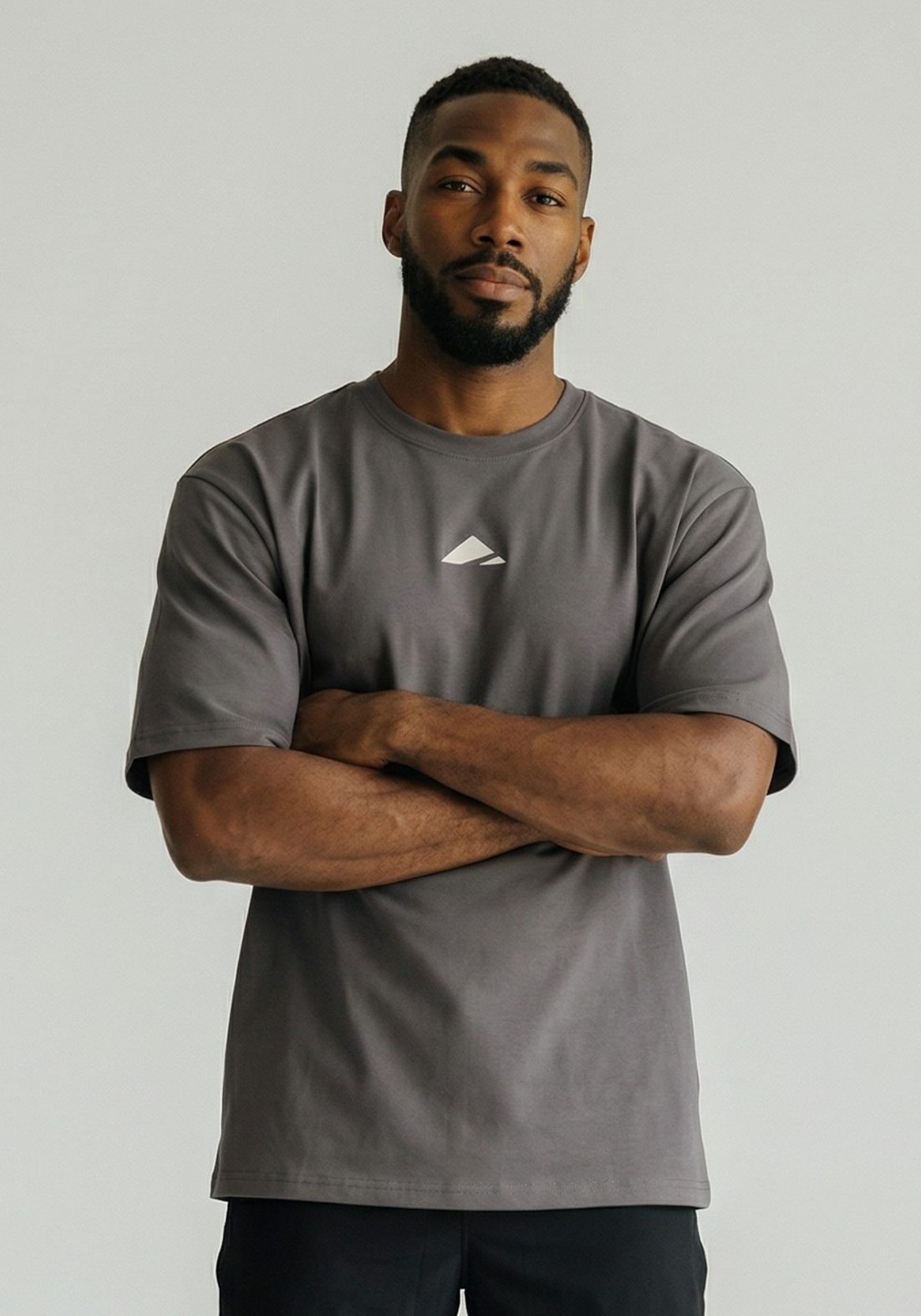Layer FLXFIT Oversized Training Tee in Graphite, front close up view

