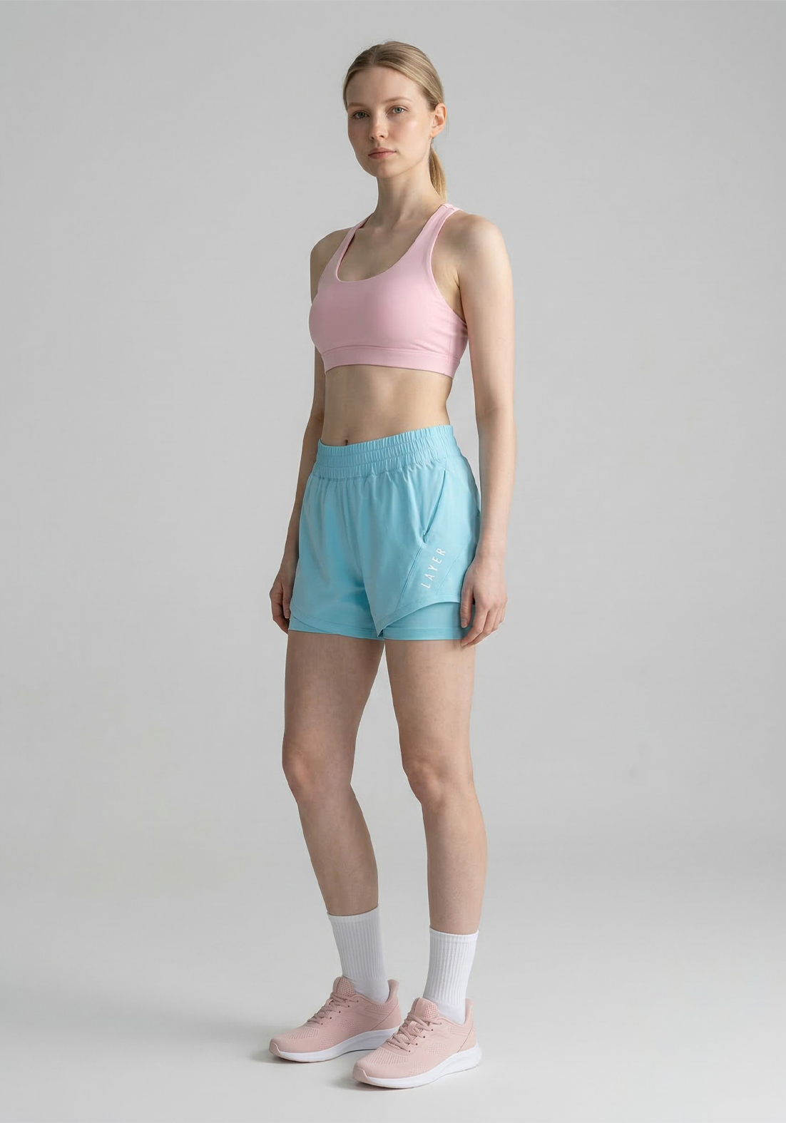 Layer FTR 2-in-1 Running Shorts in Light Blue, front side view
