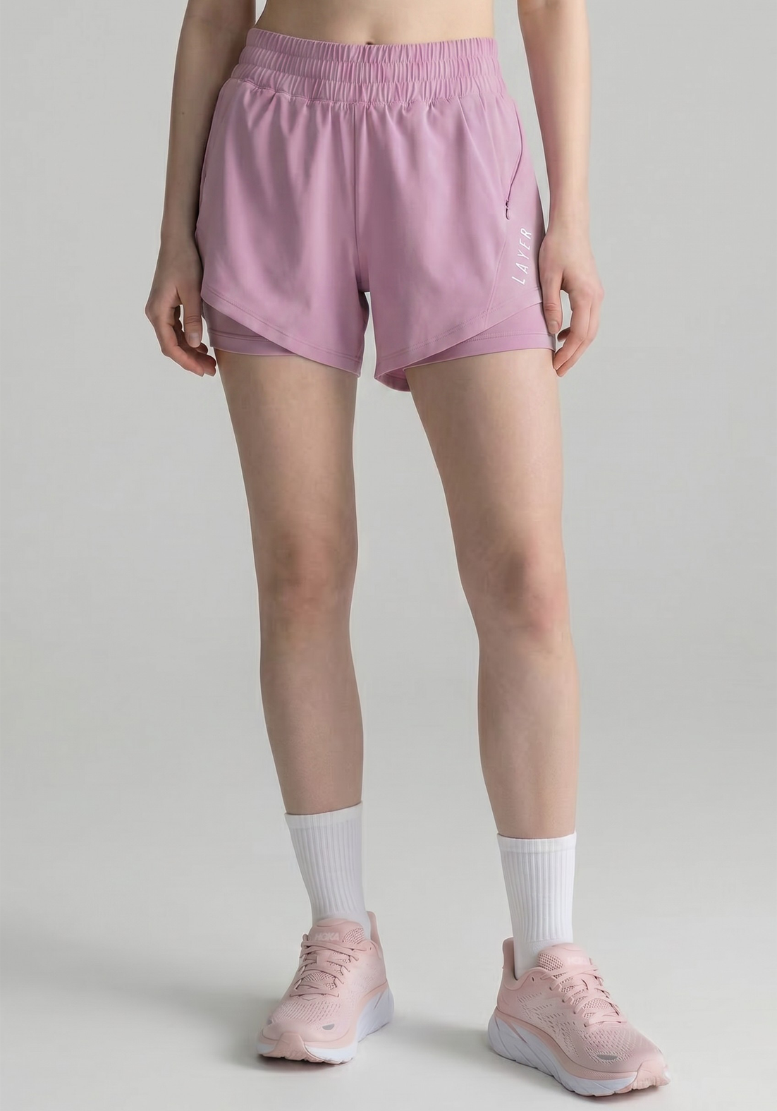 Layer FTR 2-in-1 Running Shorts in Soft Pink, front view
