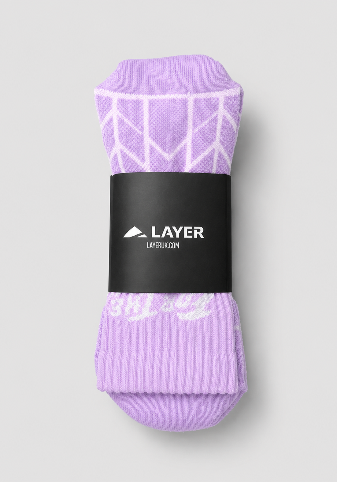 Layer FTR Performance Socks in Lavender Mist, packaged
