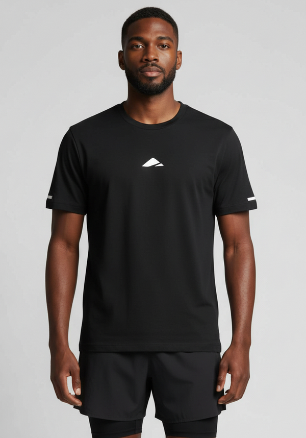 Layer FTR Shadow Tee black front view worn by athlete with minimal chest logo and breathable construction