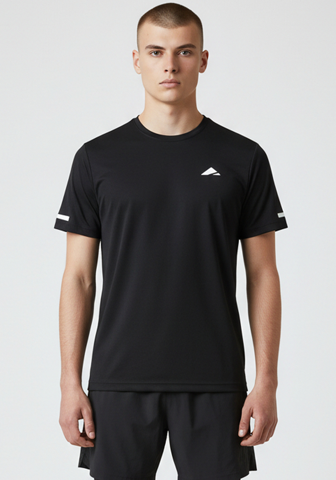 Close-up front view of Layer For The Run black short sleeve running tee, showing soft breathable fabric and reflective sleeve detail.