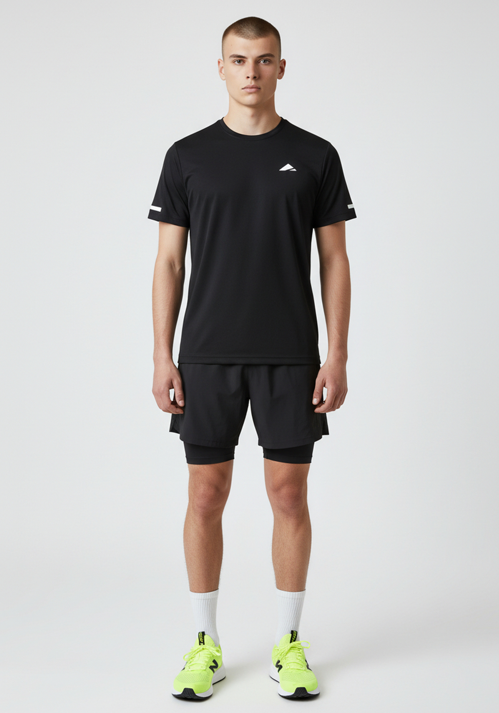 Layer For The Run black short sleeve running tee, front view, lightweight unisex performance top.
