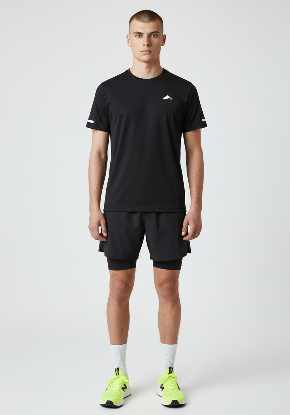 Layer For The Run black short sleeve running tee, front view, lightweight unisex performance top.
