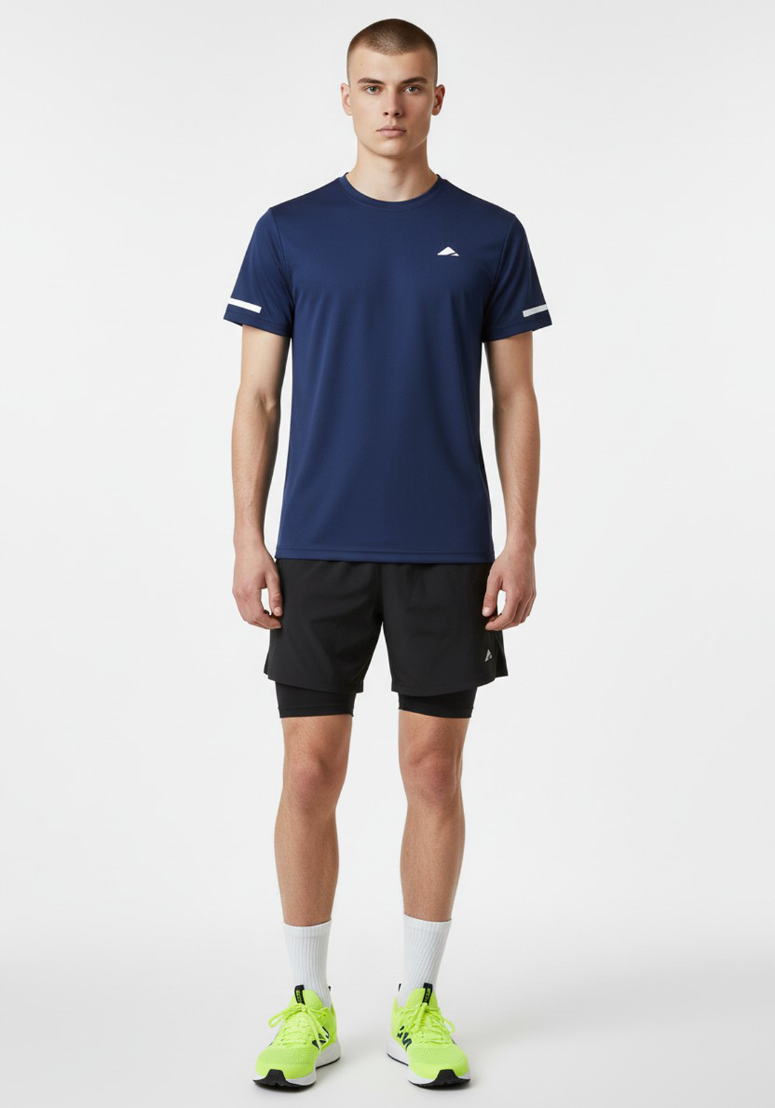 Layer navy short sleeve running top shown from the front, soft lightweight fabric with a true-to-size unisex fit.