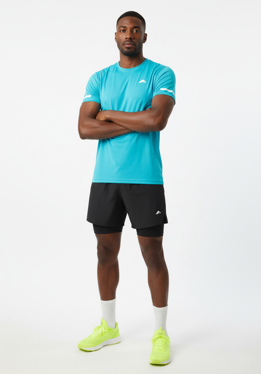 Layer turquoise short sleeve running top shown from the front, soft lightweight fabric with a true-to-size unisex fit.