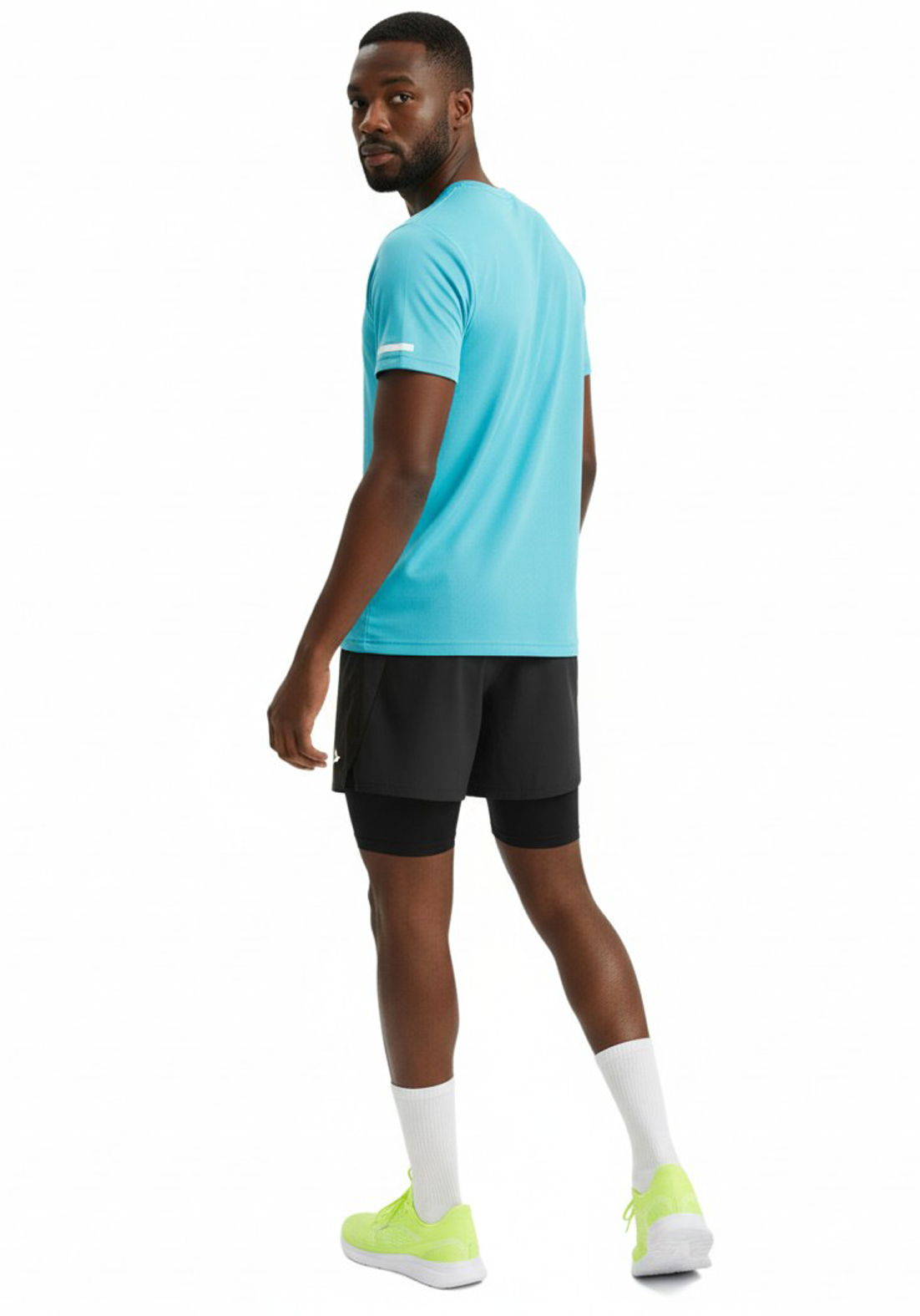 Side view of Layer For The Run turquoise short sleeve running tee, designed for running and gym training.