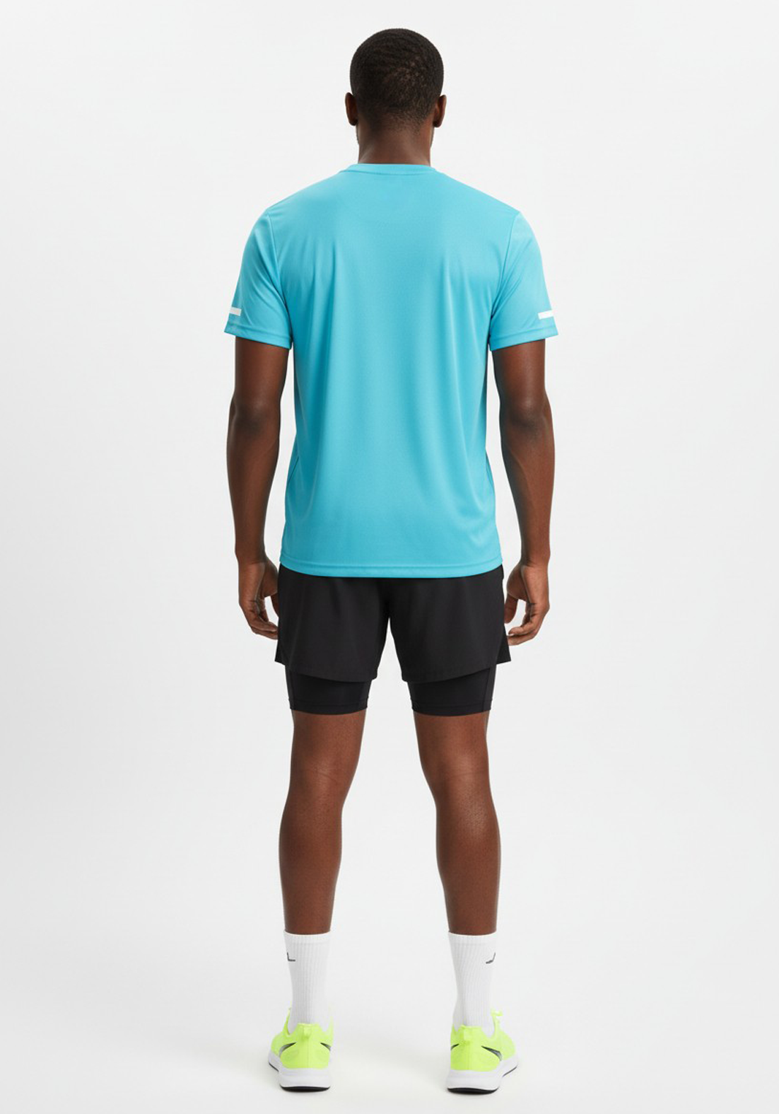 Back view of Layer turquoise short sleeve running top, lightweight quick-dry polyester fabric.