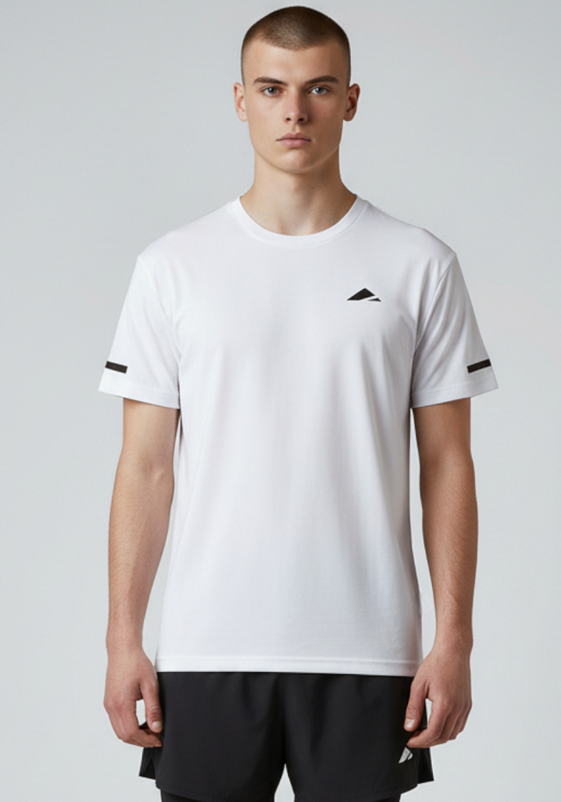 Close-up front view of Layer For The Run white short sleeve running tee, showing soft breathable fabric and sleeve detail.