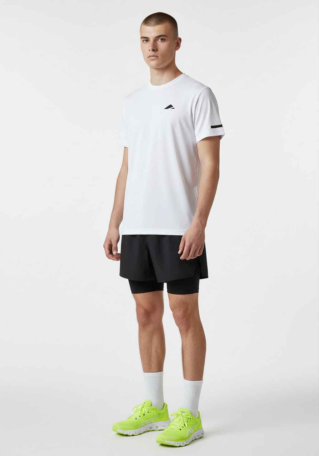 Layer white short sleeve running top shown from the front, soft lightweight fabric with a true-to-size unisex fit.