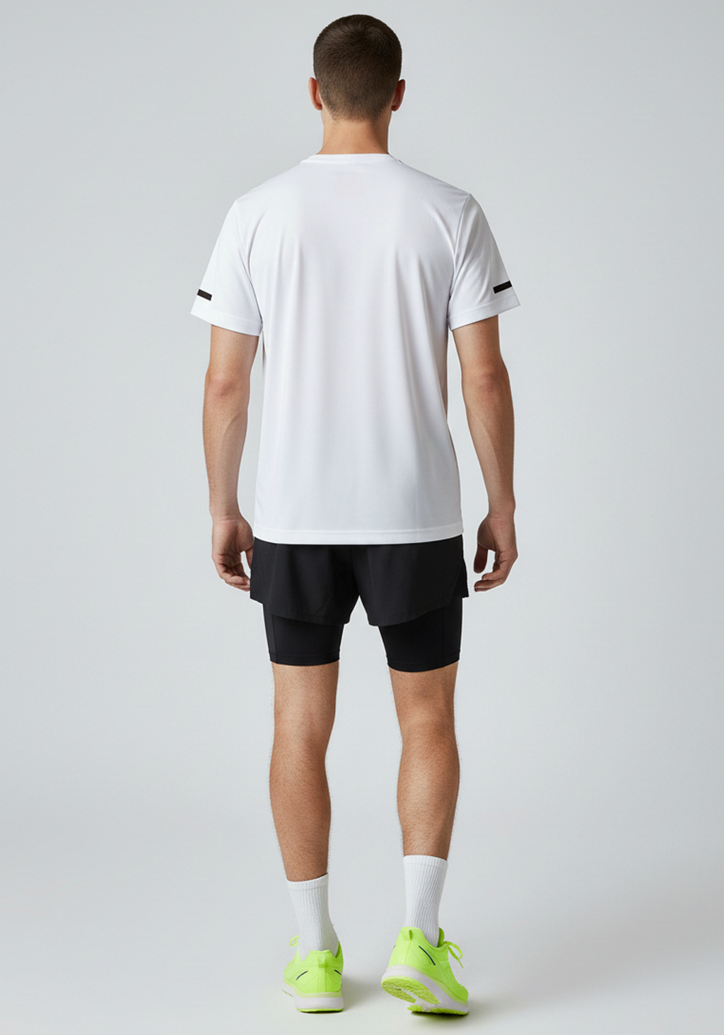 Back view of Layer white short sleeve running top, lightweight quick-dry polyester fabric.