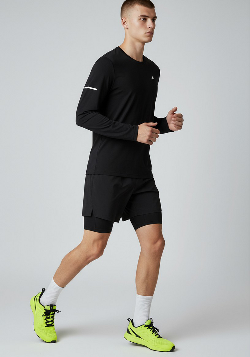 Layer Men’s For The Run Long Sleeve Tee in black – on-model side view highlighting movement and flexibility