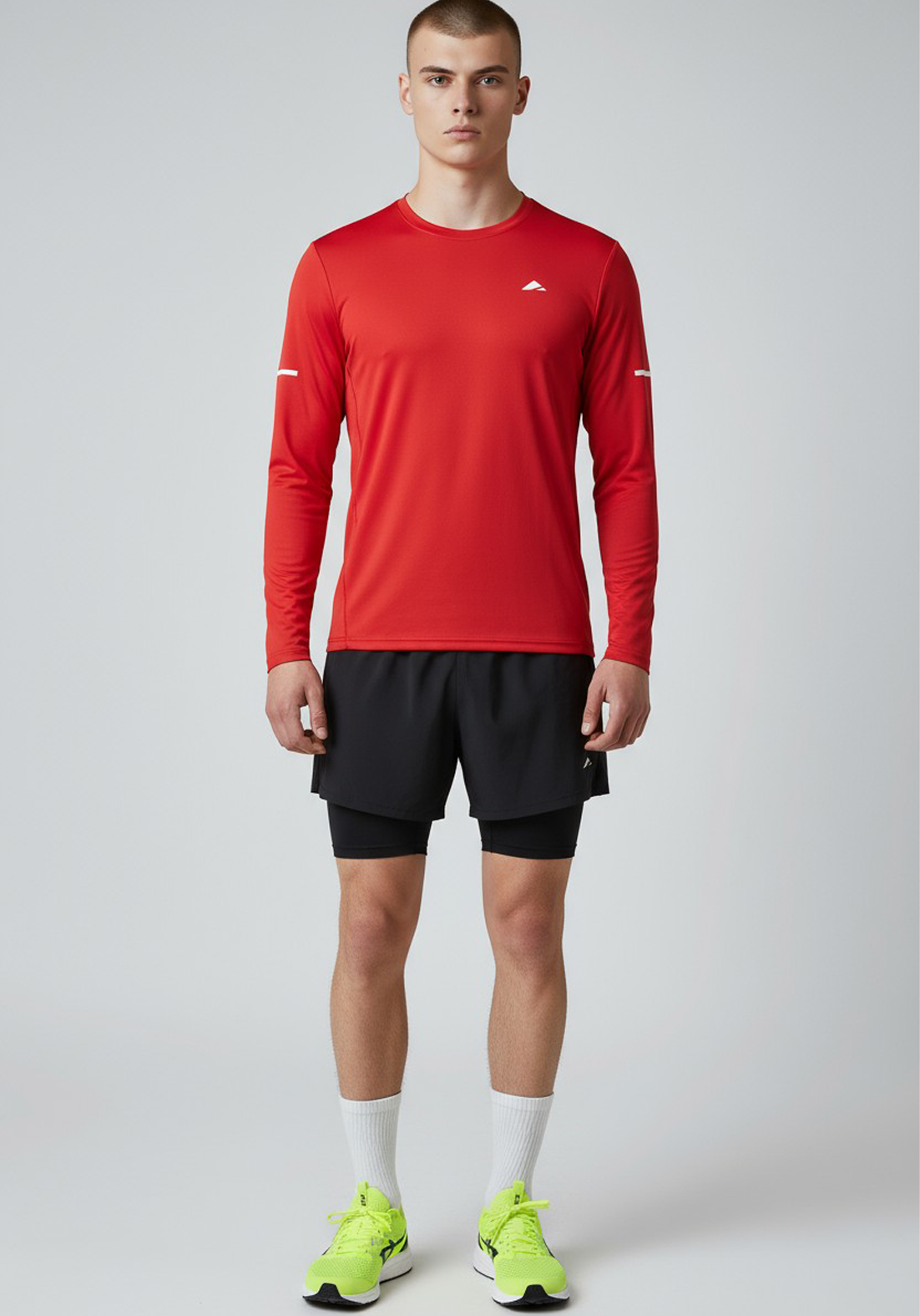 Layer Men’s For The Run Long Sleeve Tee in red – breathable long sleeve running top made for speed and performance