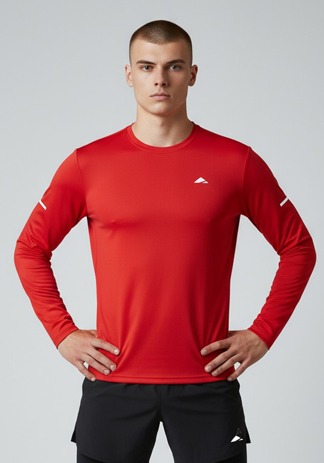 Layer Men’s For The Run Long Sleeve Tee in red – on-model front view showing dynamic athletic fit