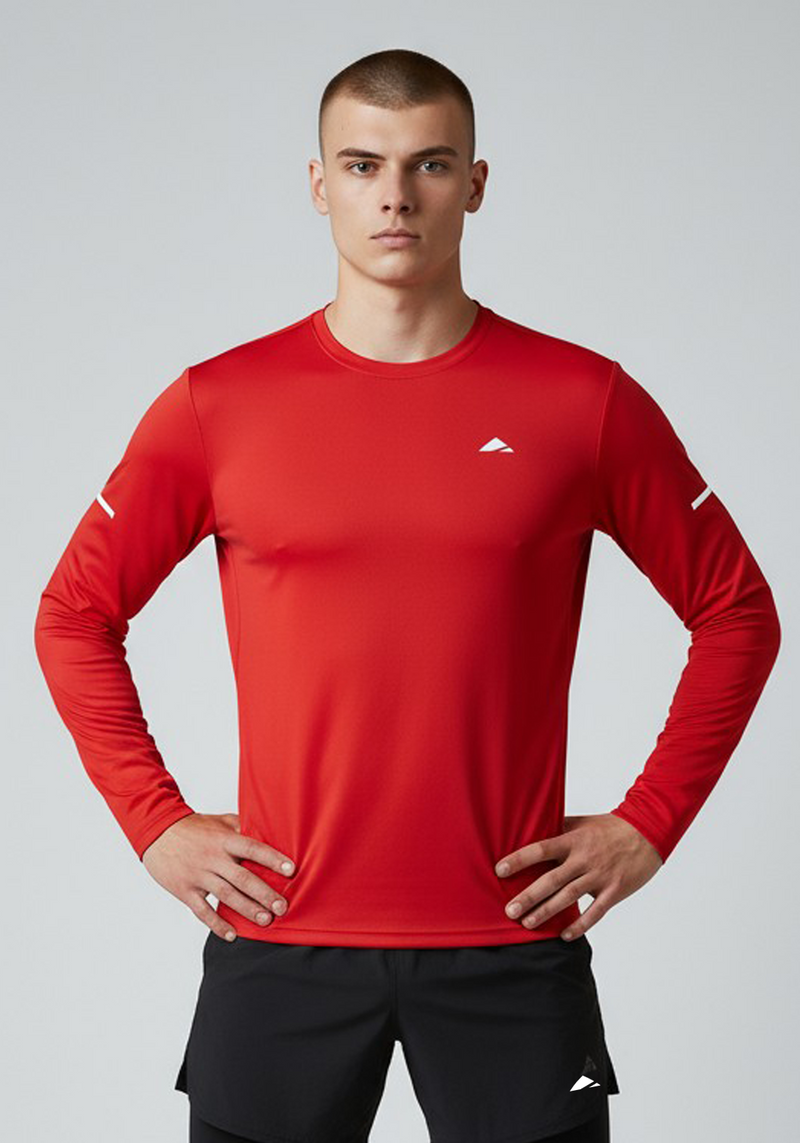 Layer Men’s For The Run Long Sleeve Tee in red – on-model front view showing dynamic athletic fit
