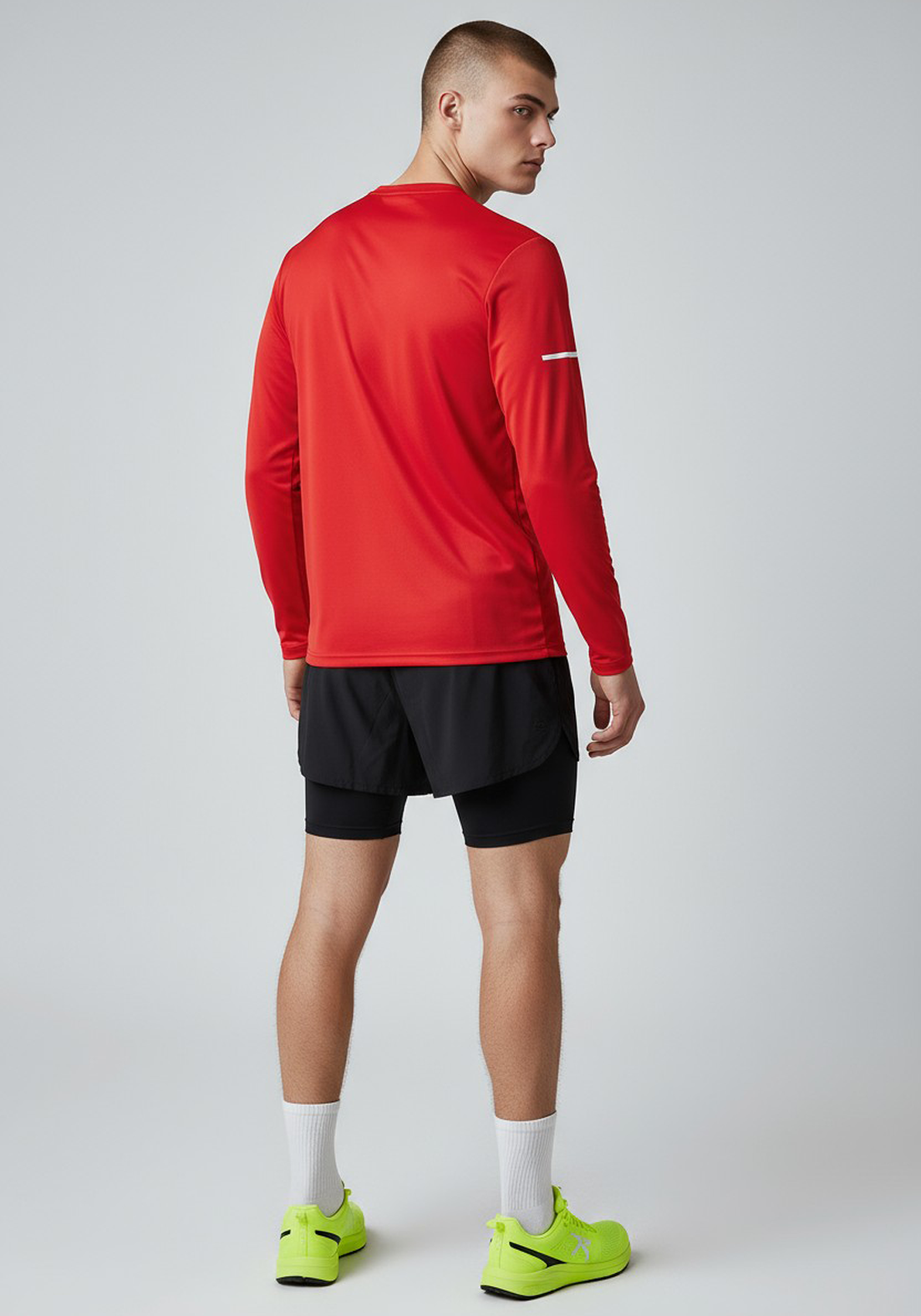 Layer Men’s For The Run Long Sleeve Tee in red – on-model back view showing minimalist Layer design for everyday training
