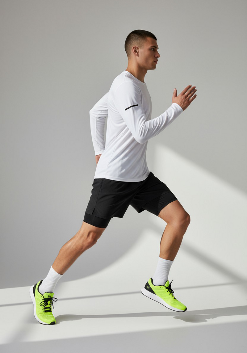 Layer Men’s For The Run Long Sleeve Tee in white – on-model side view designed for freedom of movement
