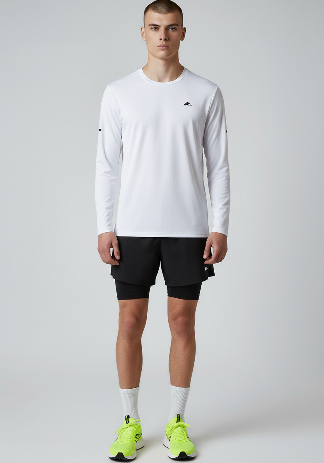 Layer Men’s For The Run Long Sleeve Tee in white – on-model front view showing classic fit and moisture-wicking finish