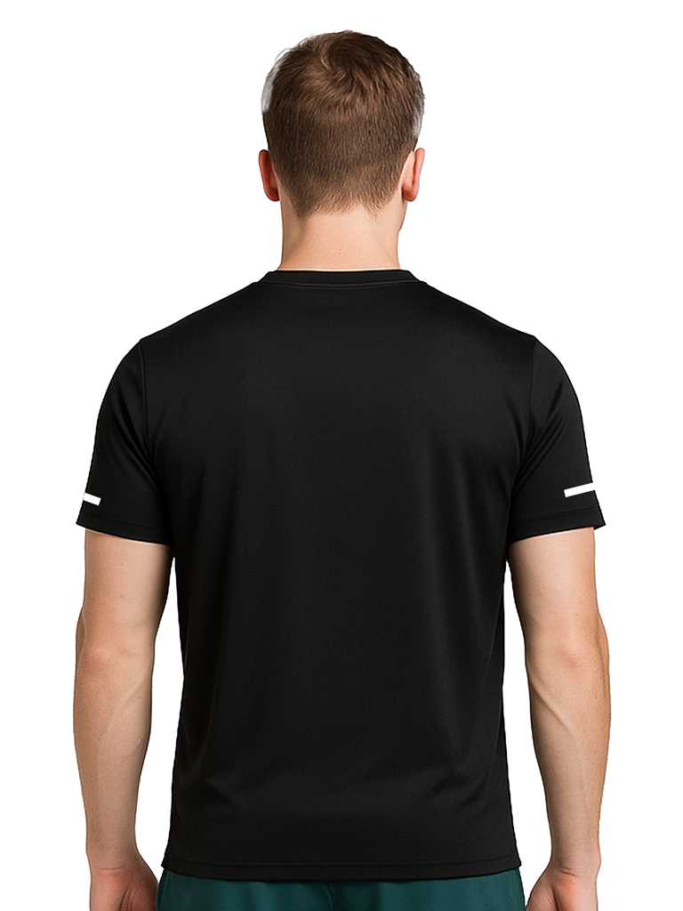 Layer Men’s For The Run Tee in black – on-model back view showing breathable technical fabric and athletic fit