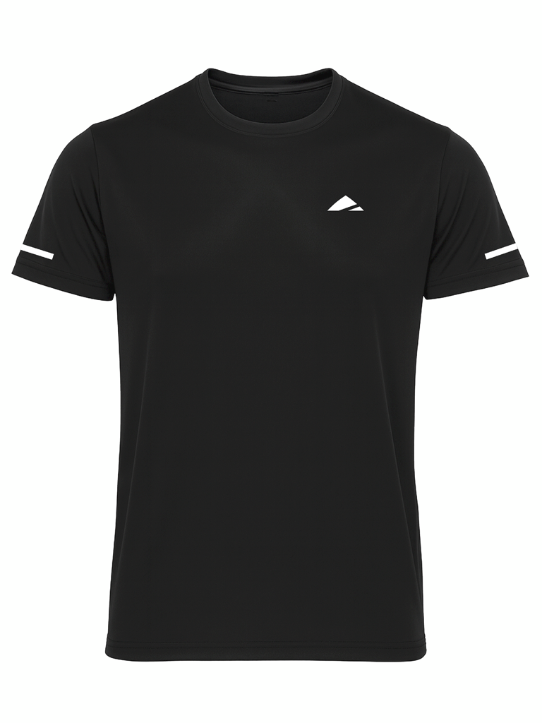 Layer Men’s For The Run Tee in black – ghost mannequin front view showing minimalist Layer logo and clean finish