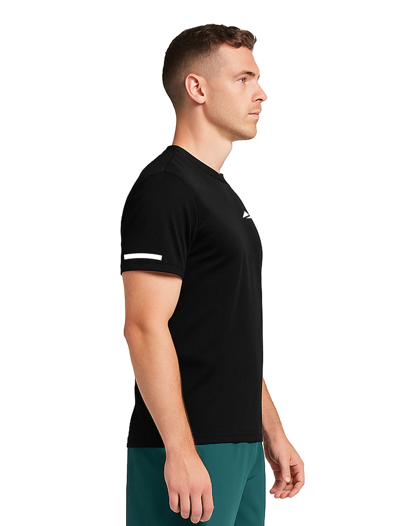 Layer Men’s For The Run Tee in black – on-model side view highlighting movement and stretch performance design