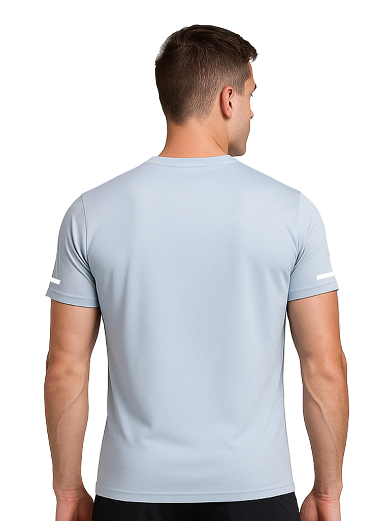 Layer Men’s For The Run Tee in light blue – on-model back view showing breathable construction and relaxed cut