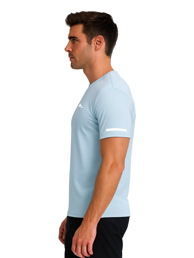 Layer Men’s For The Run Tee in light blue – on-model side view highlighting flexibility and movement