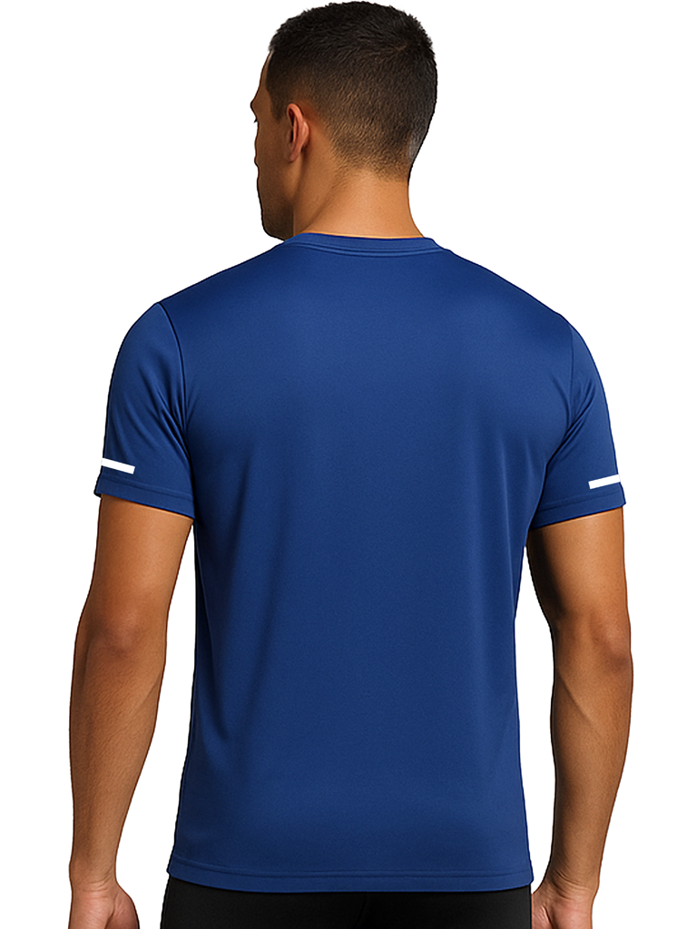 Layer Men’s For The Run Tee in navy – on-model back view showing structured athletic fit and technical stretch