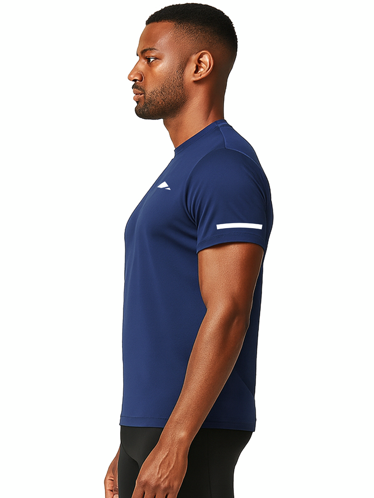 Layer Men’s For The Run Tee in navy – on-model side view highlighting lightweight fabric and range of motion