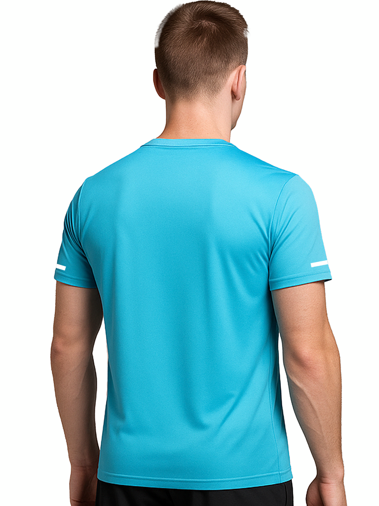 Layer Men’s For The Run Tee in sapphire blue – on-model back view showing high-performance fabric and ergonomic cut