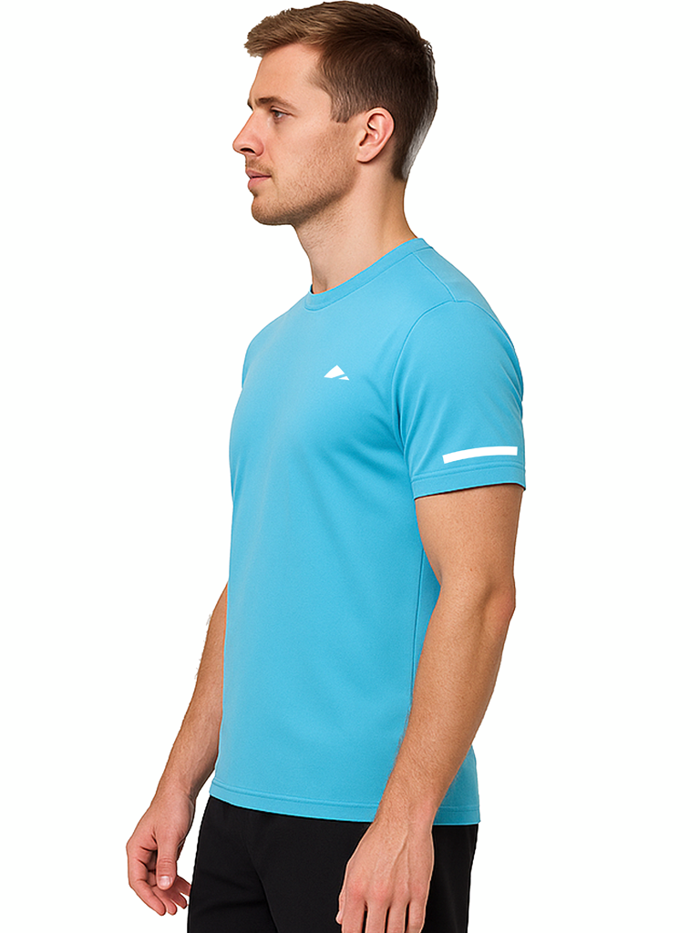Layer Men’s For The Run Tee in sapphire blue – on-model side view highlighting flexibility and moisture control