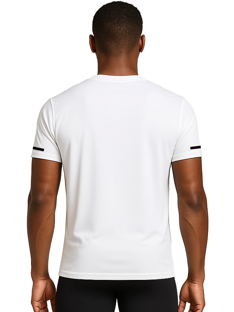 Layer Men’s For The Run Tee in white – on-model back view showing moisture-wicking fabric and relaxed fit