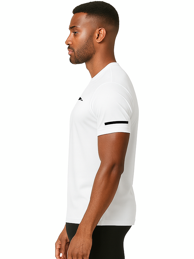 Layer Men’s For The Run Tee in white – on-model side view highlighting breathability and freedom of movement