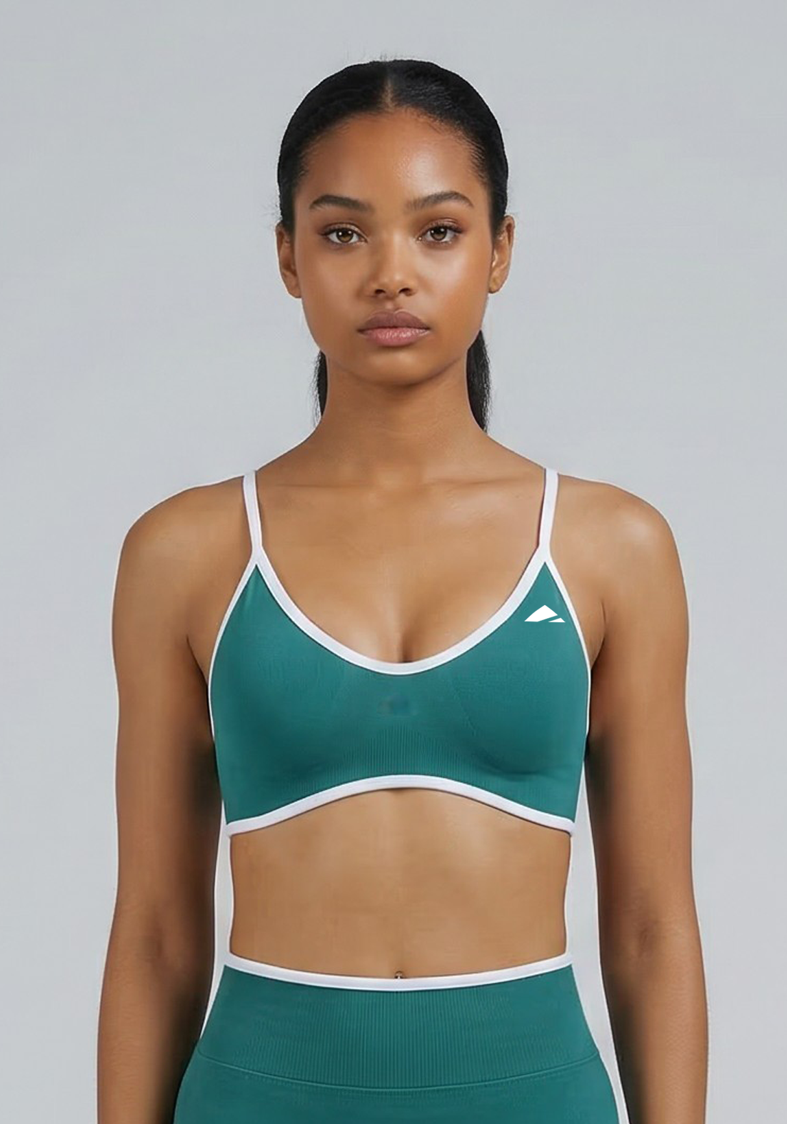 Layer Fusion Training Bra in Coastal Teal, front view
