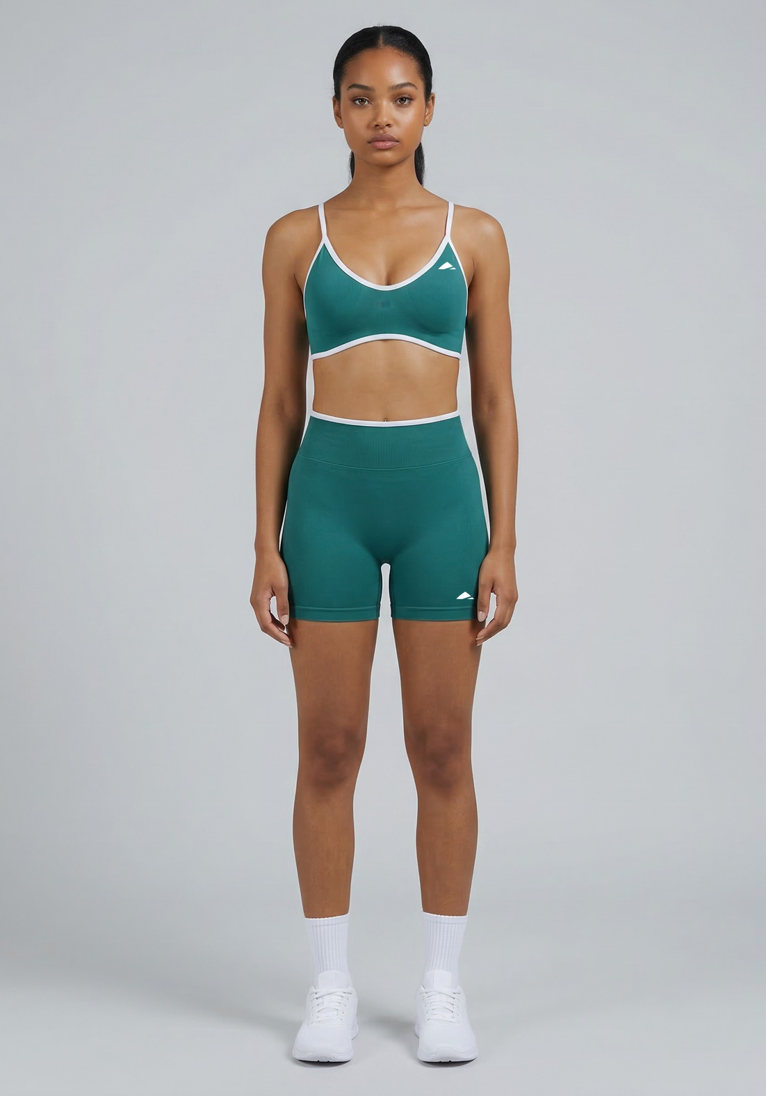 Layer Fusion Training Bra in Coastal Teal, full view on model
