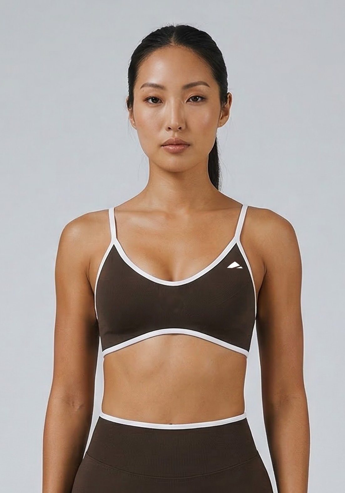 Layer Fusion Training Bra in Coffee, front close up view

