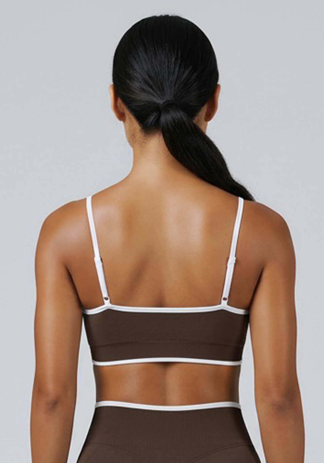 Layer Fusion Training Bra in Coffee, back view
