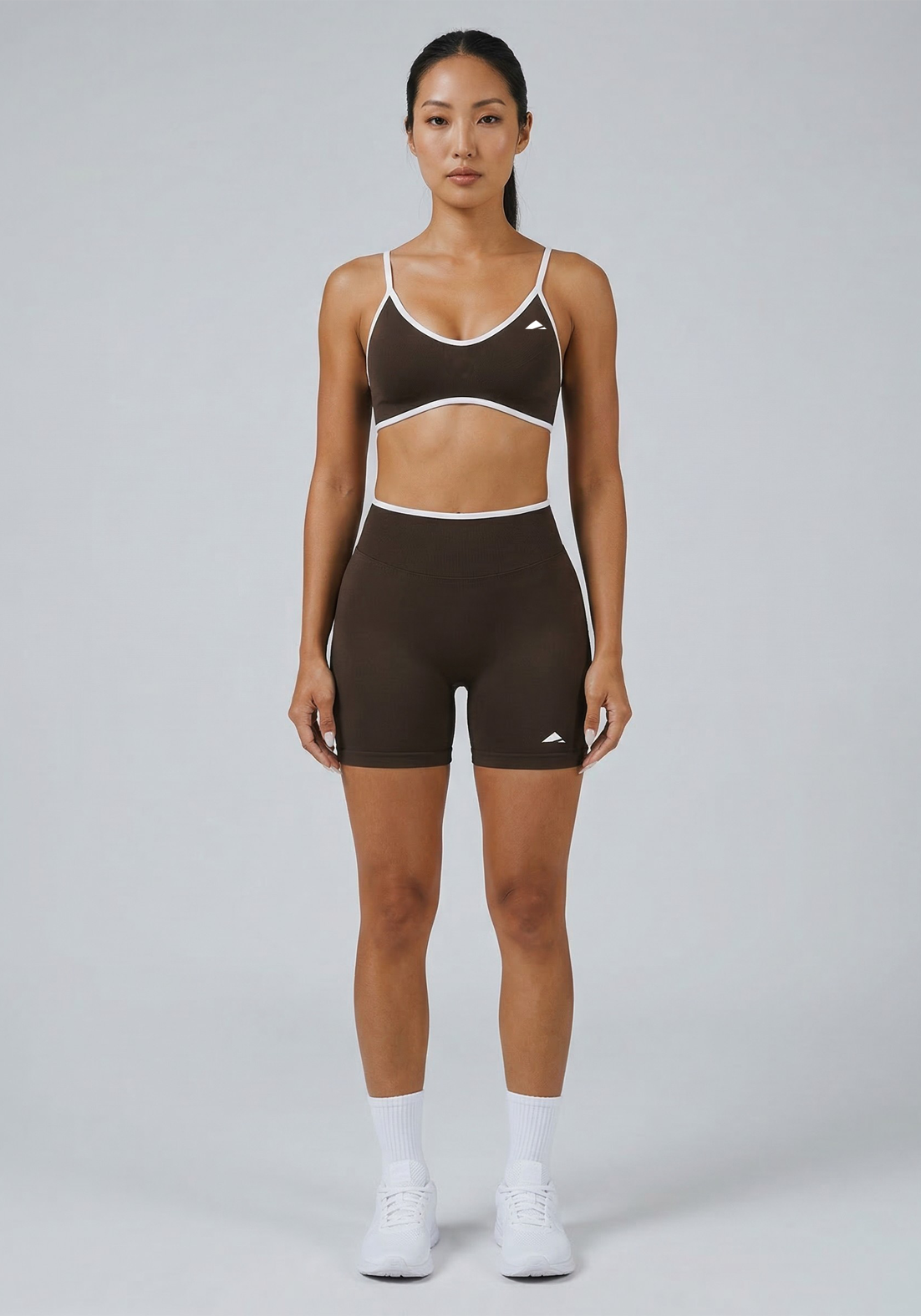 Layer Fusion Training Bra in Coffee, front view
