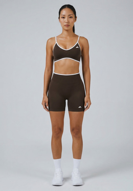 Layer Fusion Training Bra in Coffee, front view
