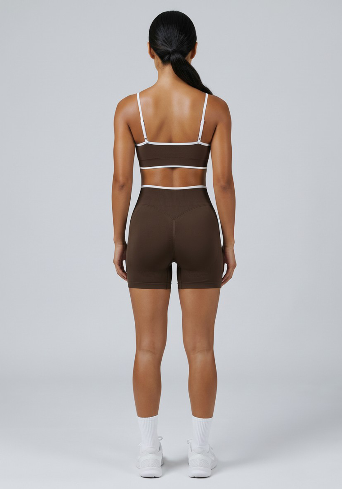 Layer Fusion Training Bra in Coffee, full back view
