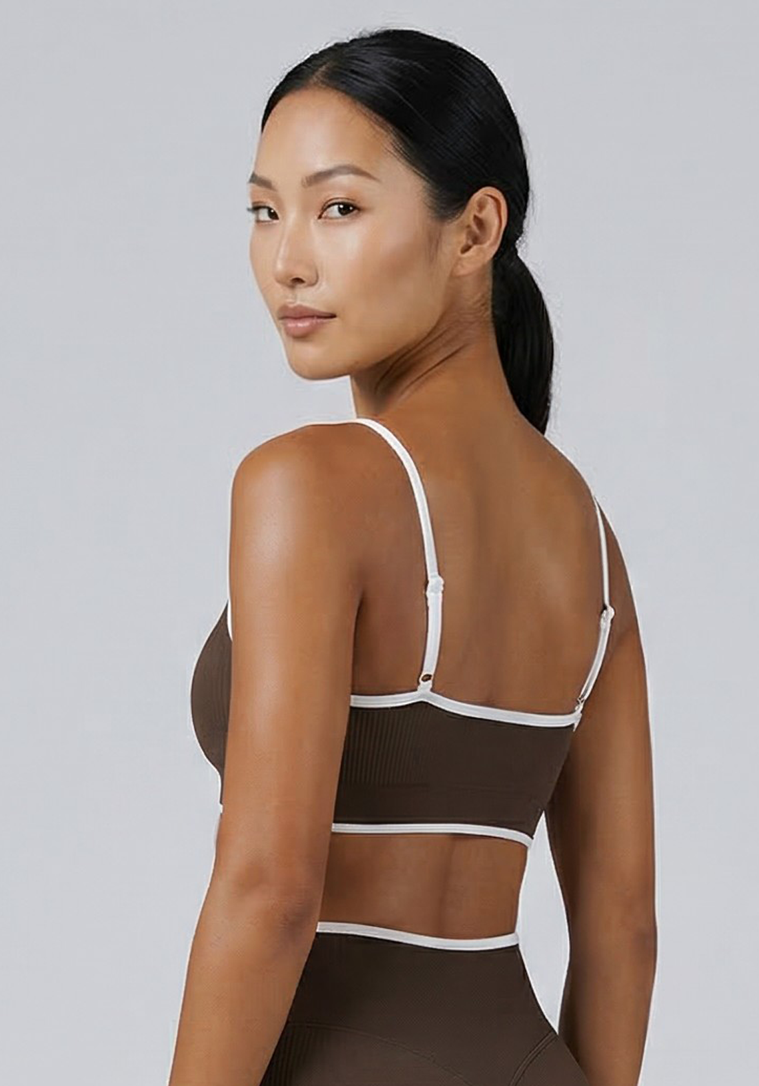Layer Fusion Training Bra in Coffee, side view

