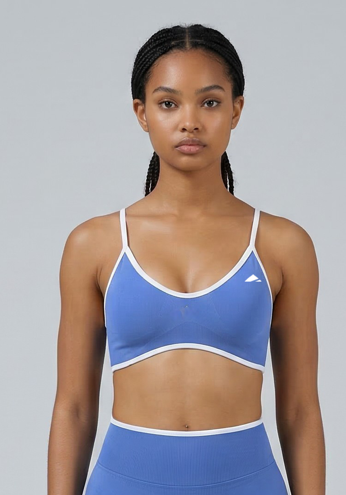 Layer Fusion Training Bra in Horizon Blue, front close up view
