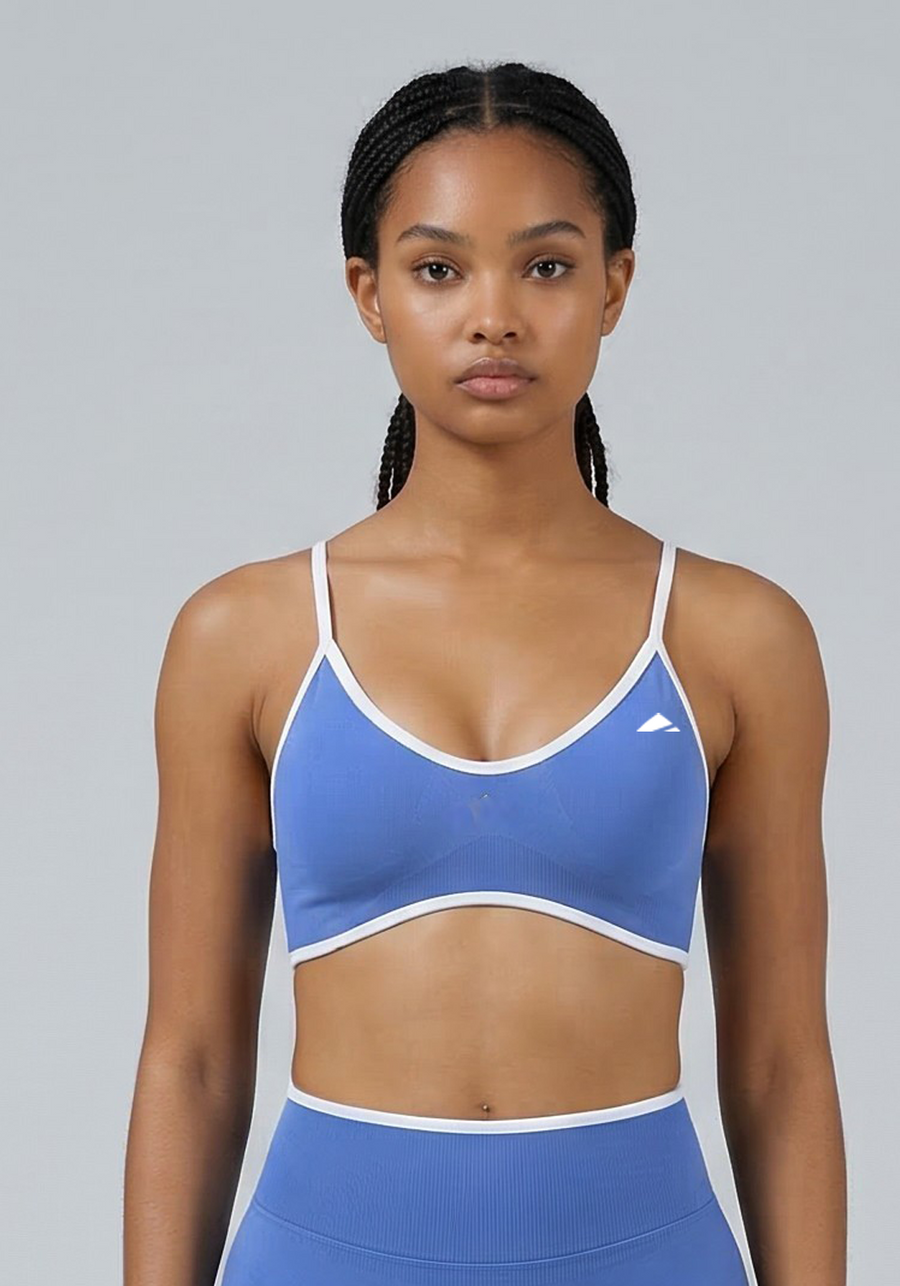 Layer Fusion Training Bra in Horizon Blue, front close up view
