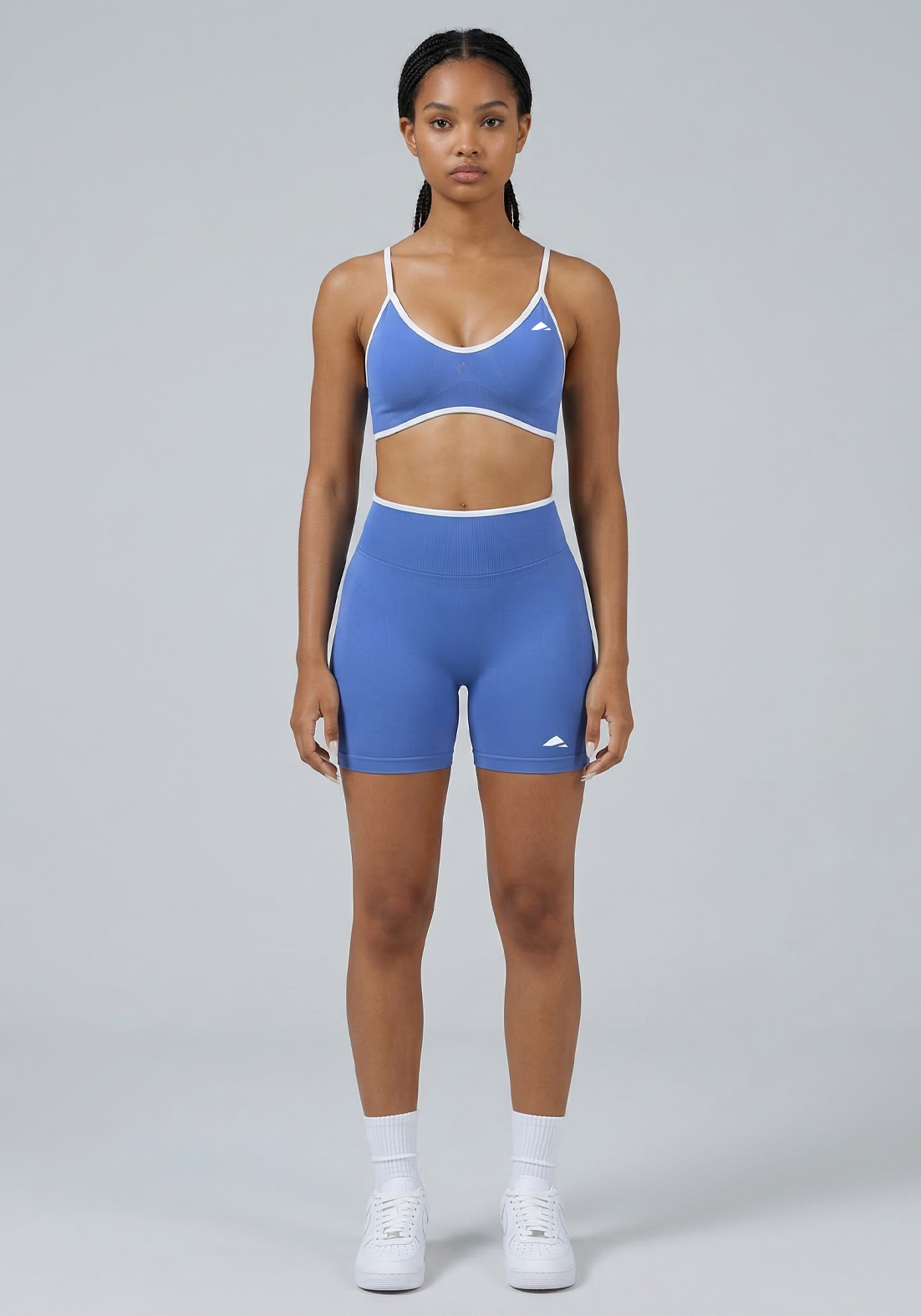 Layer Fusion Training Bra in Horizon Blue, front full view
