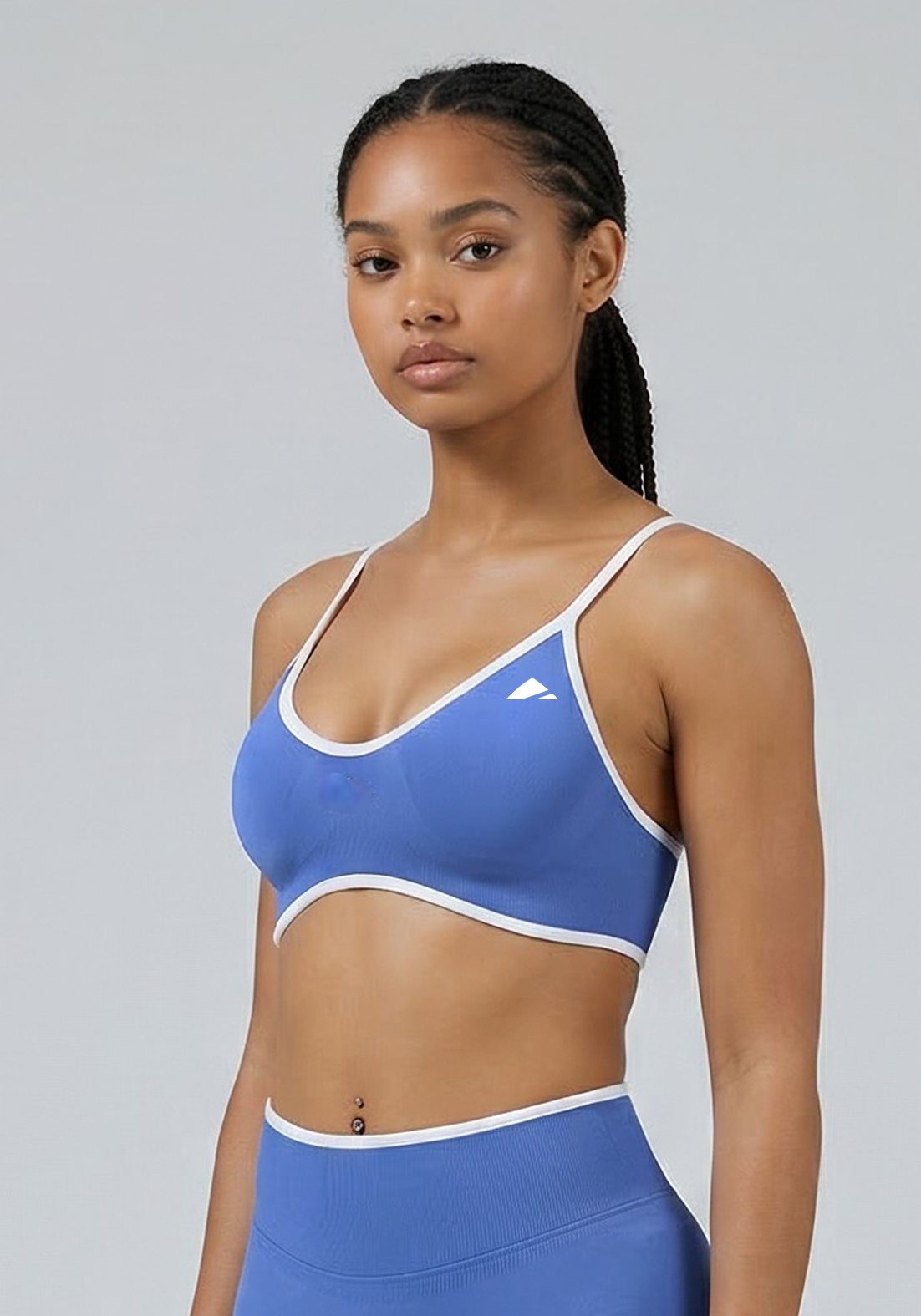 Layer Fusion Training Bra in Horizon Blue, front view
