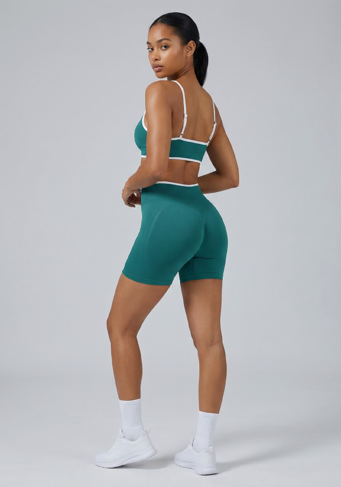 Layer Fusion 4 Training Shorts in Coastal Teal, back detail view
