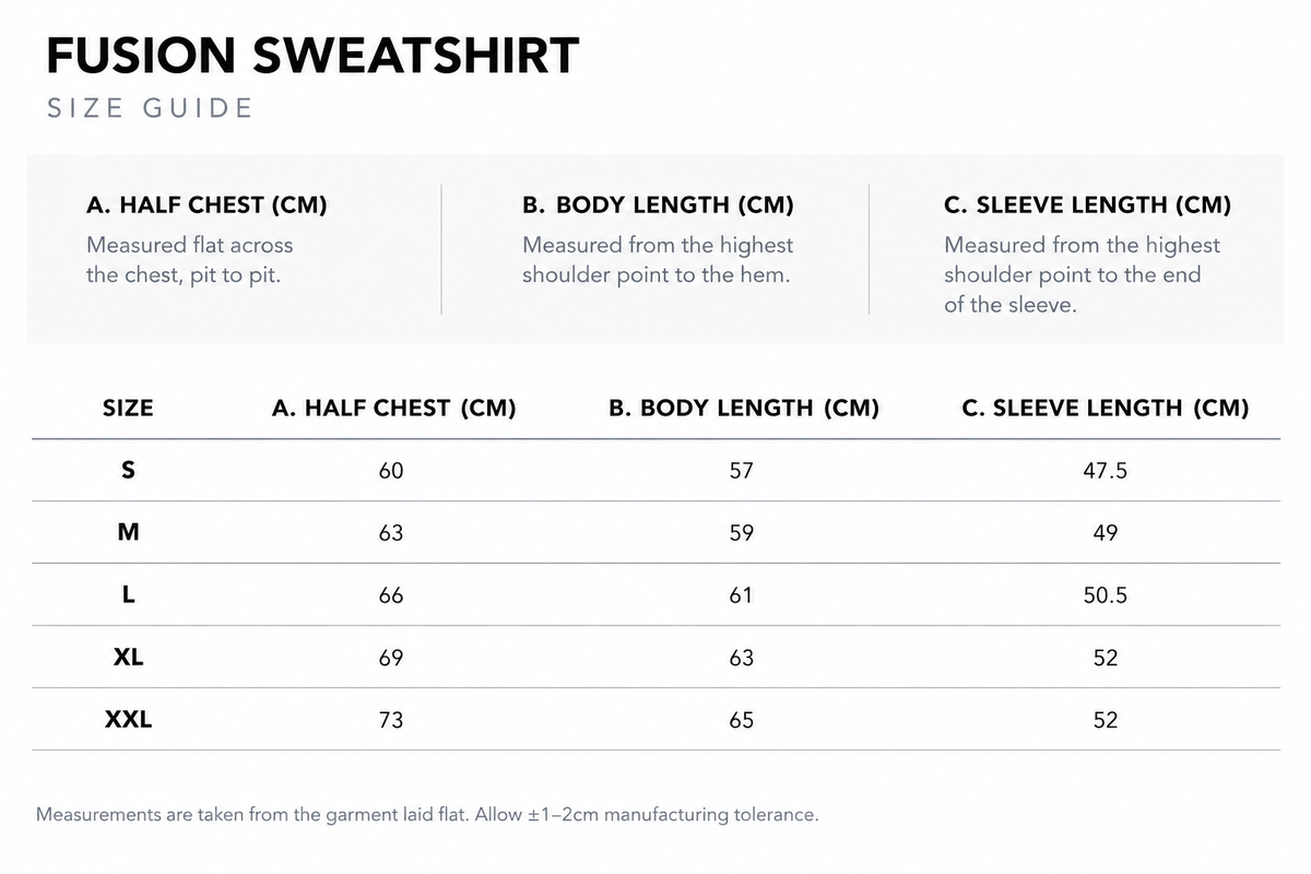 Size guide for Fusion Sweatshirt