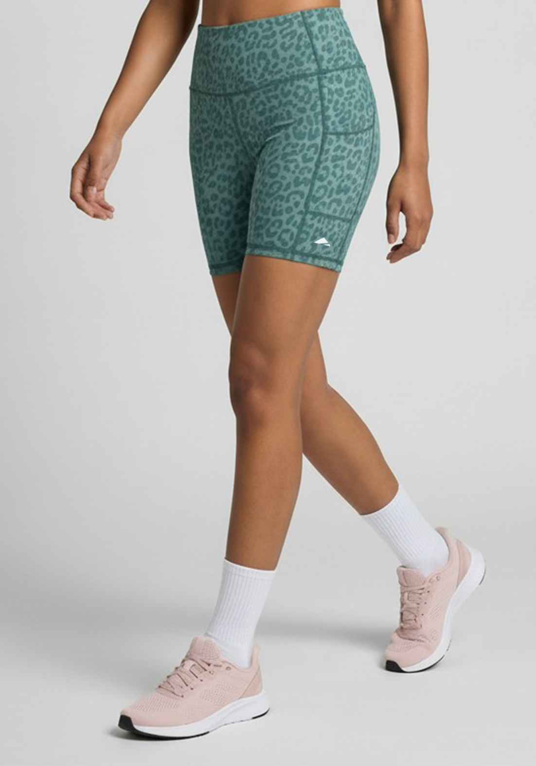 Layer Hybrid Training Tight Shorts in Green Leopard Print, front side view
