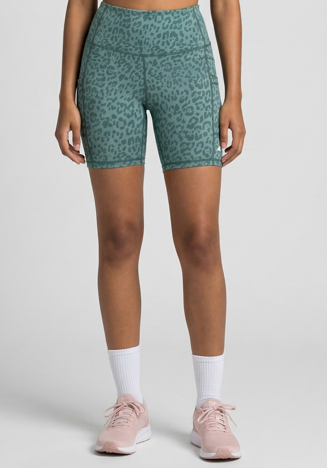 Layer Hybrid Training Tight Shorts in Green Leopard Print, front view
